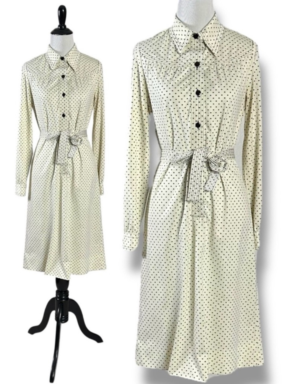 Vintage 70s Just Mort Dagger Collar Square Polka Dot Shirt Dress Matching Belt S